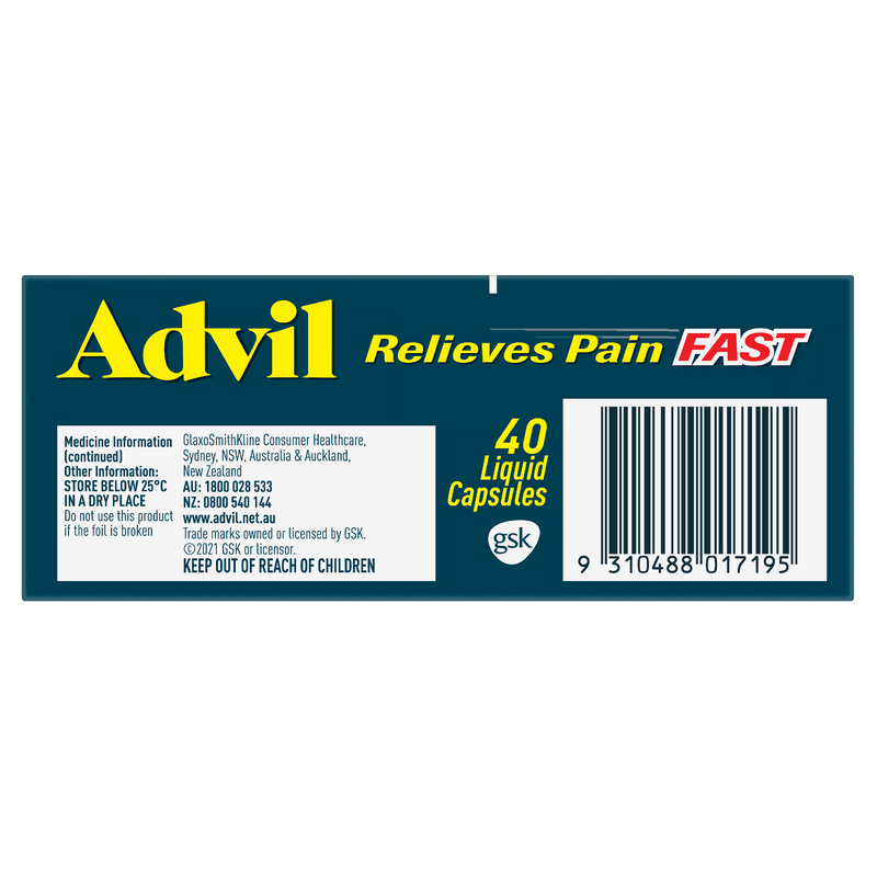 Advil Liquid Capsules for Fast & Effective Pain Relief 200mg Ibuprofen 40 Pack