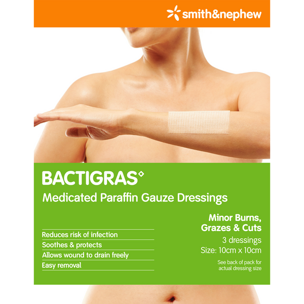 BACTIGRAS Medicated Paraffin Gauze Dressings 10cmx10cm 3 Dressings