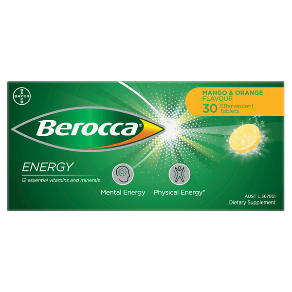 Berocca Energy Mango & Orange Flavour 30 Effervescent Tablets