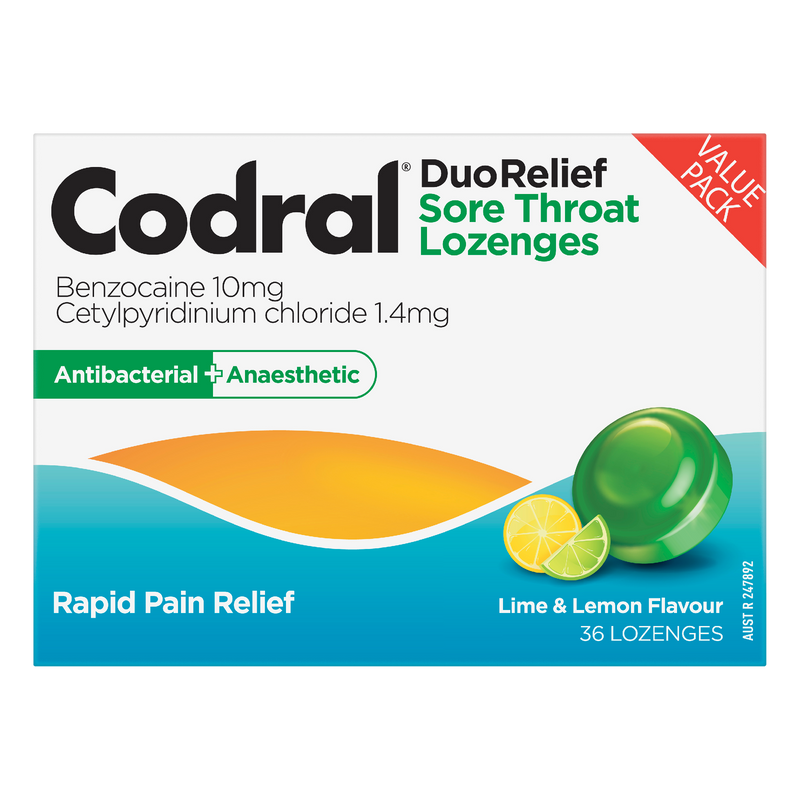 Codral Sore Throat Relief Lozenges Antibacterial + Anaesthetic Lime & Lemon 36 Pack