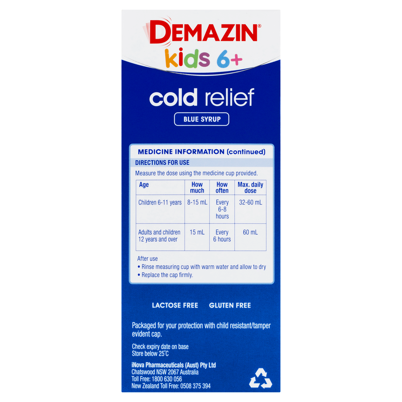 Demazin Kids 6+ Cold Relief Blue Syrup Peach & Vanilla Flavour 200mL