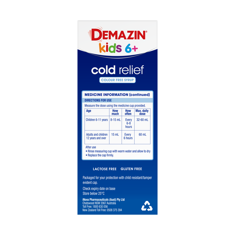 Demazin Kids 6+ Cold Relief Colour Free Syrup 100mL