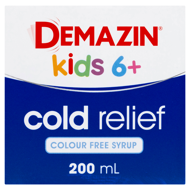 Demazin Kids 6+ Cold Relief Colour Free Syrup Peach & Vanilla Flavour 200mL