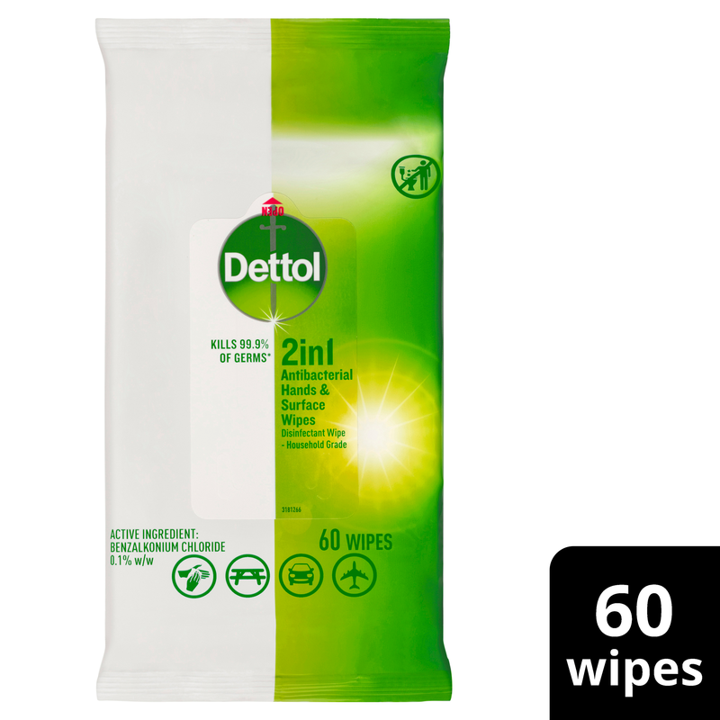 Dettol Antibacterial 2 in 1 Hand & Surface Wipes 60 Wipes
