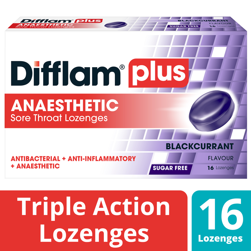 Difflam Plus Anaesthetic Sore Throat Lozenges Blackcurrant Flavour 16s