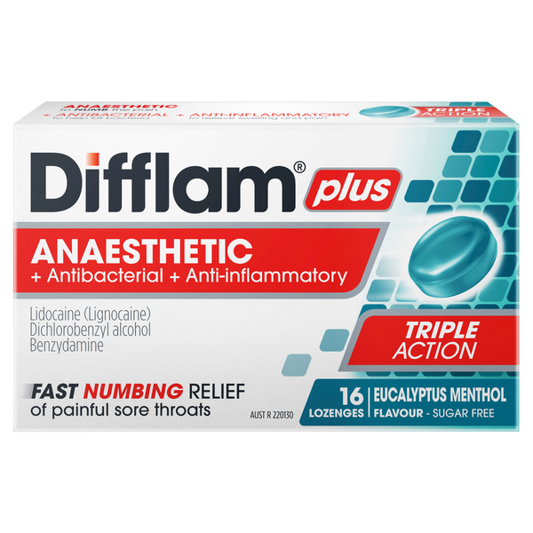 Difflam Plus Anaesthetic Sore Throat Lozenges Eucalyptus & Menthol Flavour 16s