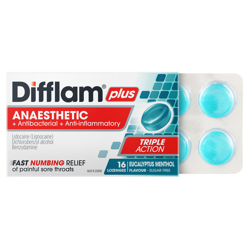 Difflam Plus Anaesthetic Sore Throat Lozenges Eucalyptus & Menthol Flavour 16s