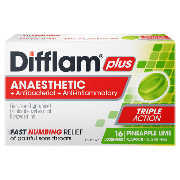Difflam Plus Anaesthetic Sore Throat Lozenges Pineapple & Lime Flavour 16s