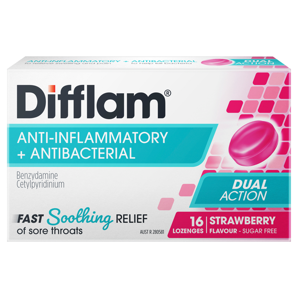Difflam Sore Throat Lozenges Strawberry Flavour 16s
