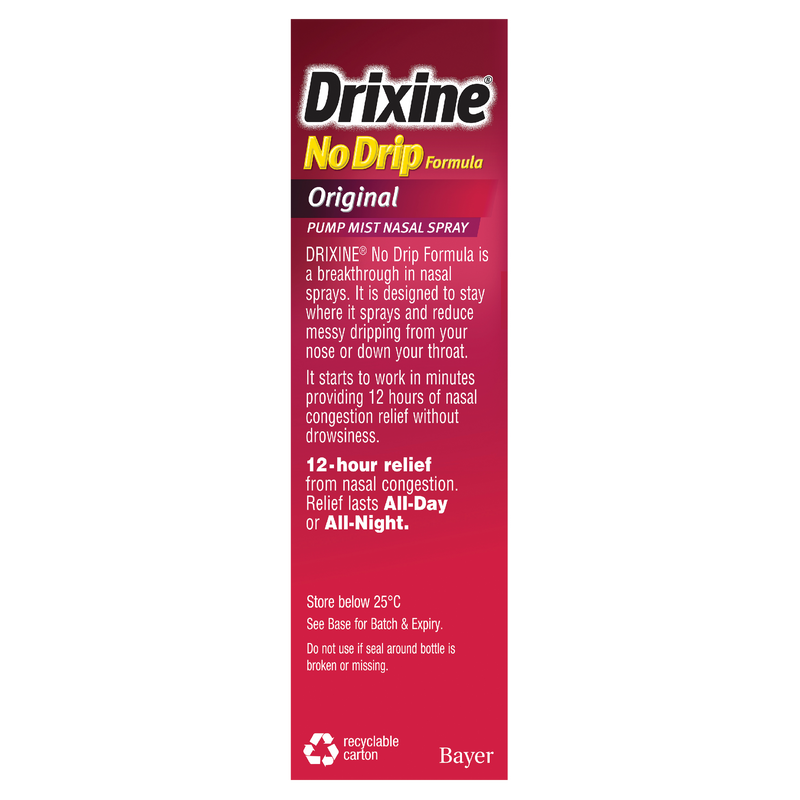 Drixine 12 Hour Relief No Drip Original Pump Mist Nasal Spray 15ml