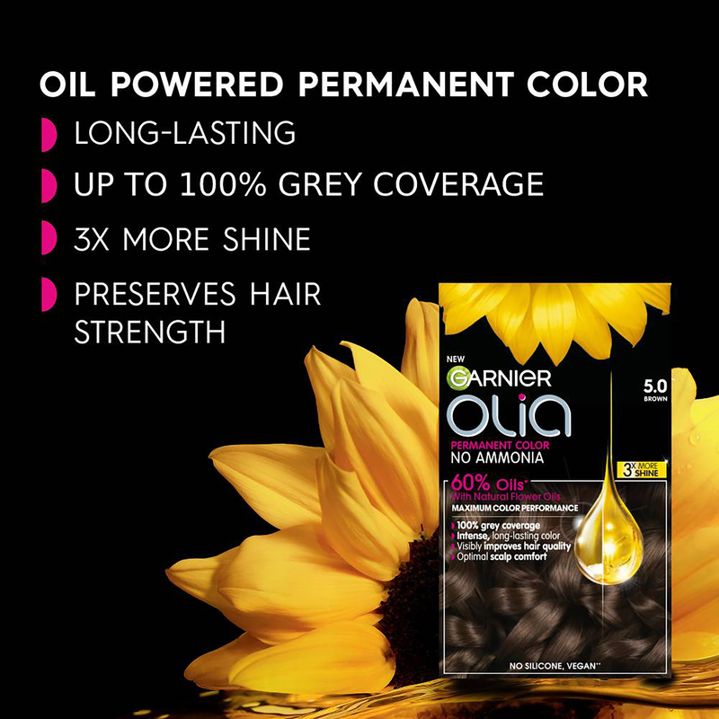 Garnier Olia 3.0 Soft Black Permanent Hair Colour No Ammonia, 60% Oils