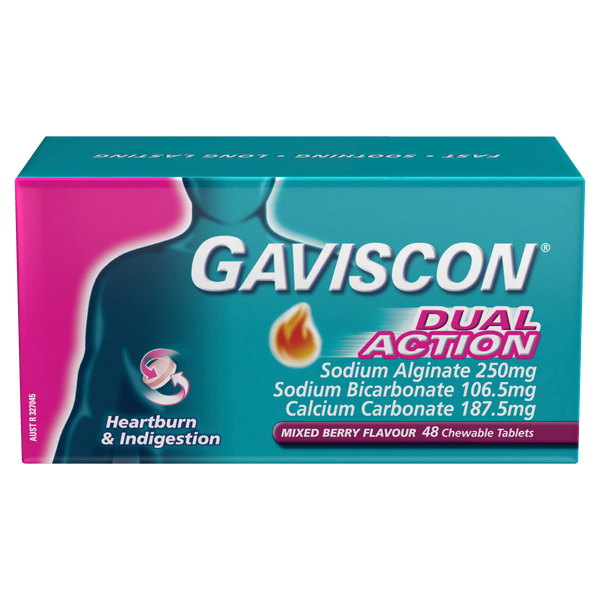 Gaviscon Dual Action Chewable Tablets Heartburn and Indigestion Relief Mixed Berry 48 Pack
