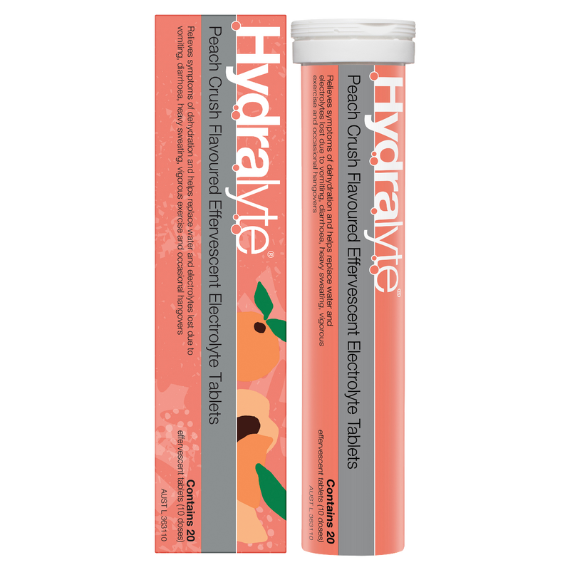 Hydralyte Effervescent Electrolyte Tablets Peach Crush Flavoured 20 Tablets