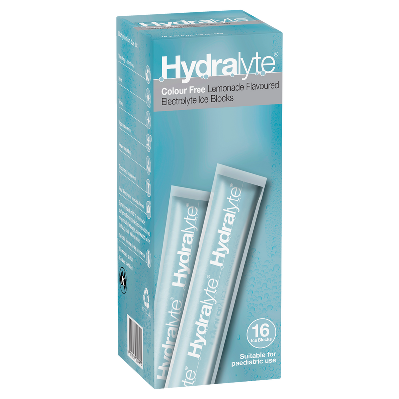 Hydralyte Electrolyte Ice Blocks Colourfree Lemonade Flavoured 16 Pack