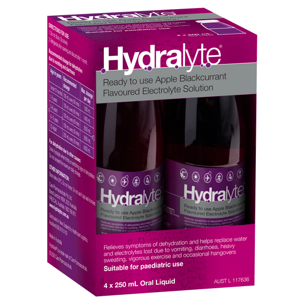 Hydralyte Ready to use Electrolyte Solution Apple Blackcurrant Flavoured 4 x 250mL