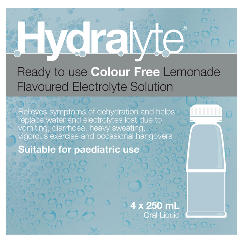 Hydralyte Ready to use Electrolyte Solution Colour Free Lemonade Flavoured 4 x 250mL