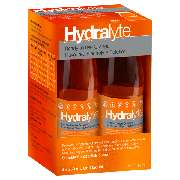 Hydralyte Ready to use Electrolyte Solution Orange Flavoured 4 x 250mL