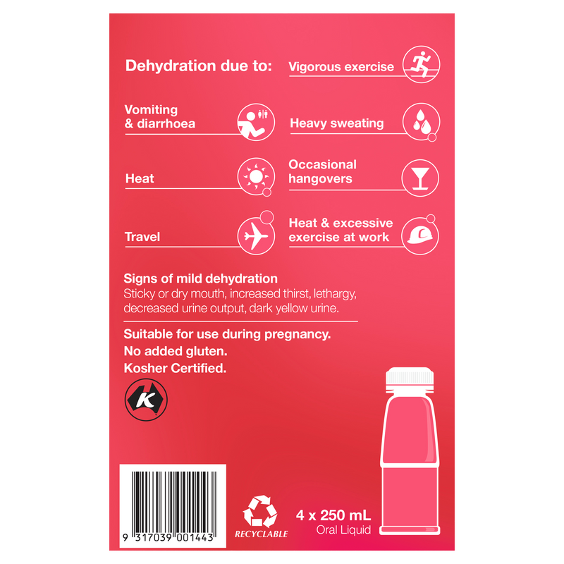 Hydralyte Ready to use Electrolyte Solution Strawberry Kiwi Flavoured 4 x 250mL