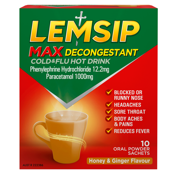 Lemsip Max Cold & Flu with Decongestant Honey & Ginger 10 Sachets