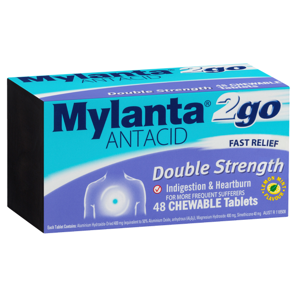 Mylanta 2Go Antacid Double Strength Lemon Mint 48 Tablets