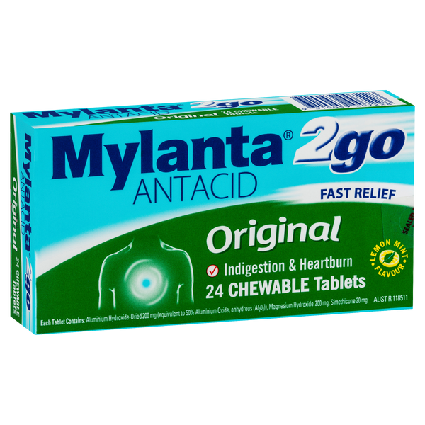 Mylanta 2Go Antacid Original Tablets Lemon Mint 24 Tablets