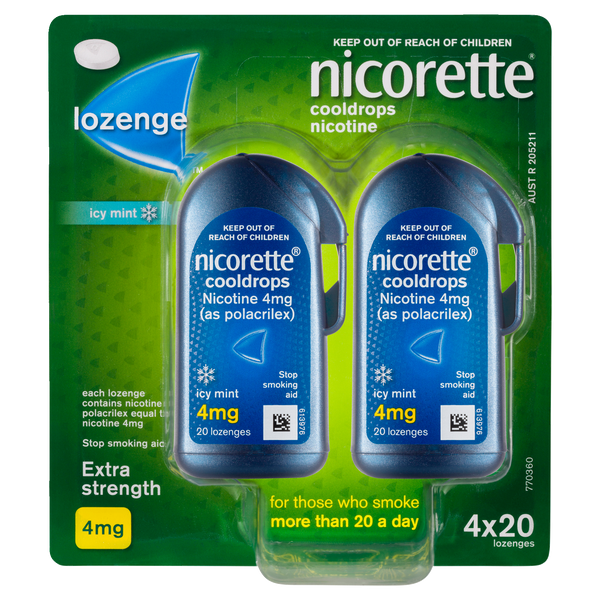 Nicorette Quit Smoking Extra Strength Cooldrops Nicotine Lozenge Icy Mint 4 x 20 Pack