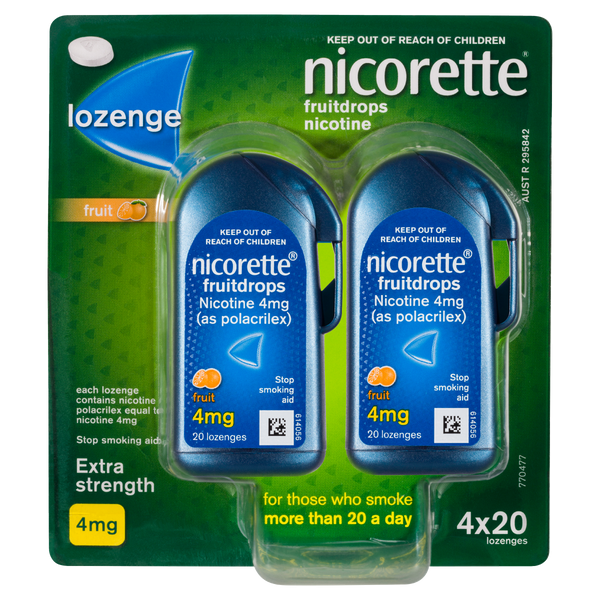 Nicorette Quit Smoking Extra Strength Nicotine Lozenge Fruitdrops 4 x 20 Pack