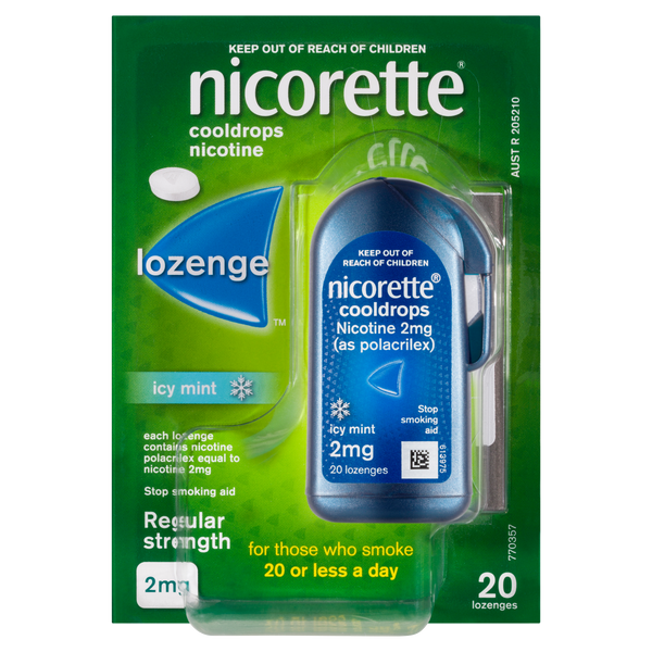 Nicorette Quit Smoking Regular Strength Cooldrops Nicotine Lozenge Icy Mint 20 Pack