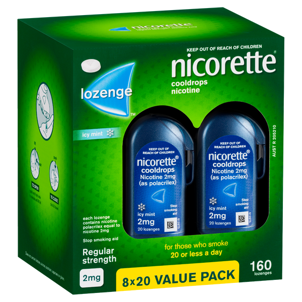 Nicorette Quit Smoking Regular Strength Cooldrops Nicotine Lozenge Icy Mint 8 x 20 Pack