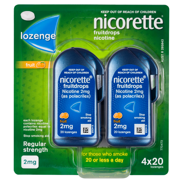 Nicorette Quit Smoking Regular Strength Nicotine Lozenge Fruitdrops 4 x 20 Pack