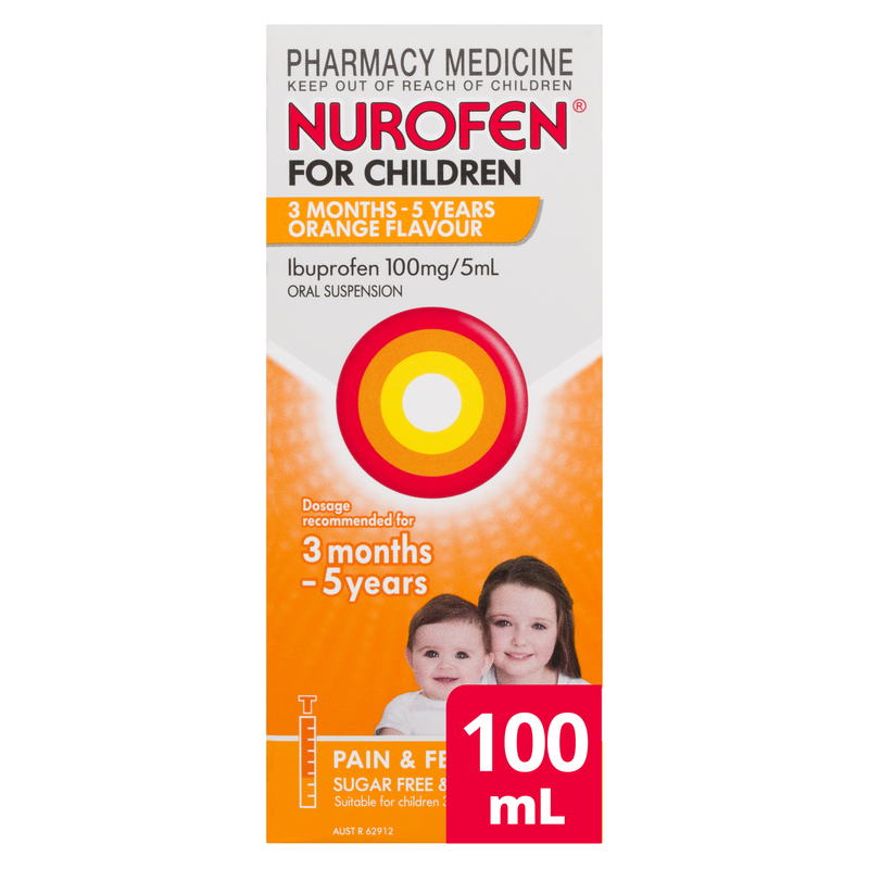 Nurofen For Children 3months - 5years Pain and Fever Relief 100mg/5mL Ibuprofen Orange 100mL
