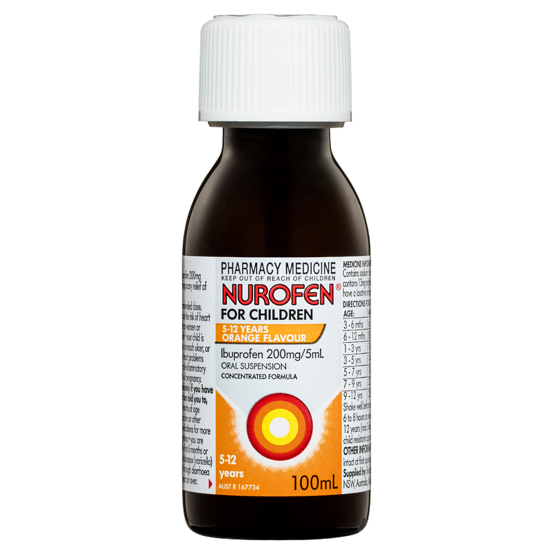 Nurofen For Children 5-12yrs Pain and Fever Relief Concentrated Liquid 200mg/5mL Ibuprofen Orange 100mL