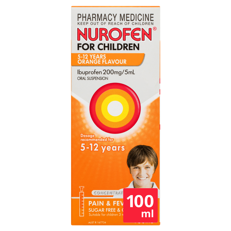 Nurofen For Children 5-12yrs Pain and Fever Relief Concentrated Liquid 200mg/5mL Ibuprofen Orange 100mL