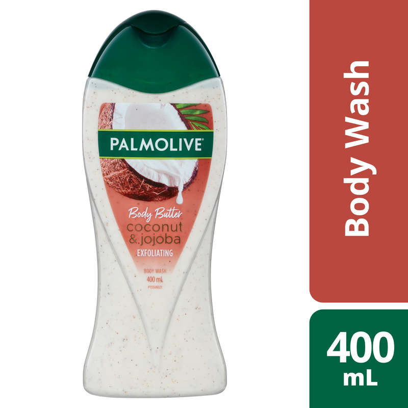 Palmolive Body Butter Coconut & Jojoba Body Wash, 400mL, Exfoliating Scrub with Real Fruit Seeds