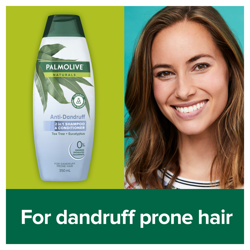 Palmolive Naturals Anti Dandruff 2 in 1 Hair Shampoo and Conditioner, 350mL, Tea Tree & Eucalyptus for Dandruff Prone Hair, No Parabens Phthalates or Colourants, Clinically Proven Technology