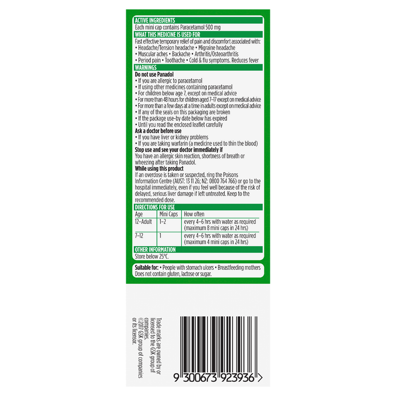 Panadol Mini Caps for Pain Relief, Paracetamol - 500 mg 20 Mini Caps