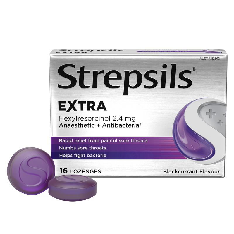 Strepsils Extra Blackcurrant Fast Numbing Sore Throat Pain Relief with Anaesthetic Lozenges 16 pack