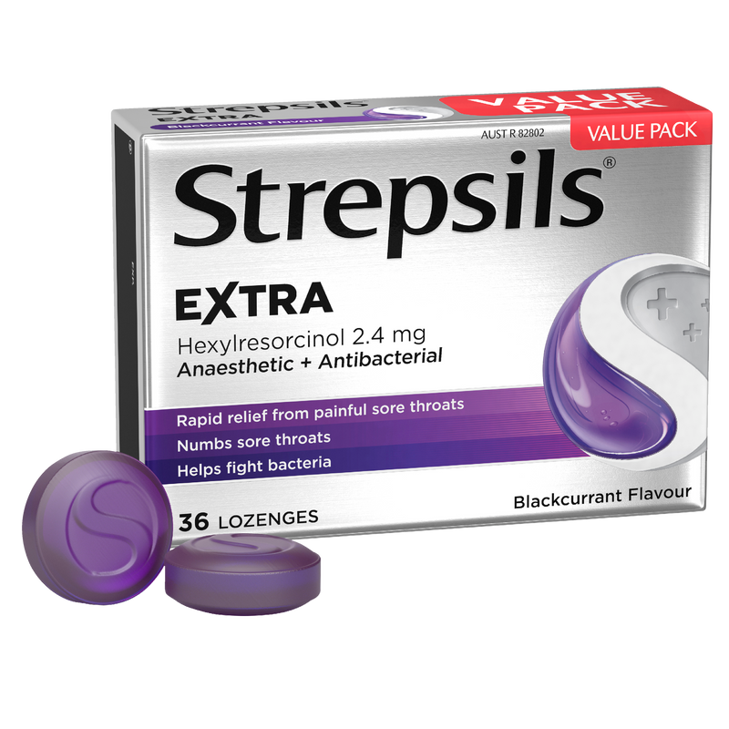 Strepsils Extra Blackcurrant Fast Numbing Sore Throat Pain Relief with Anaesthetic Lozenges 36 pack