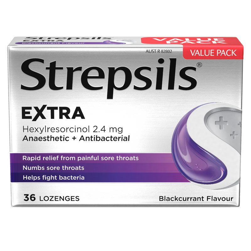 Strepsils Extra Blackcurrant Fast Numbing Sore Throat Pain Relief with Anaesthetic Lozenges 36 pack