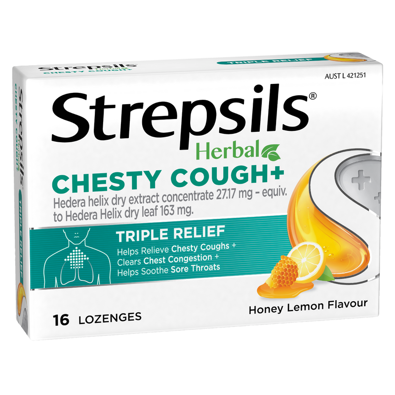 Strepsils Herbal Chesty Cough+ Triple Relief Honey Lemon 16 Lozenges