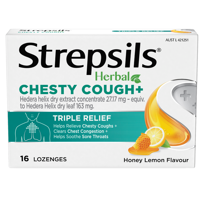 Strepsils Herbal Chesty Cough+ Triple Relief Honey Lemon 16 Lozenges