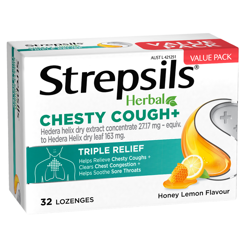 Strepsils Herbal Chesty Cough+ Triple Relief Honey Lemon 32 Lozenges