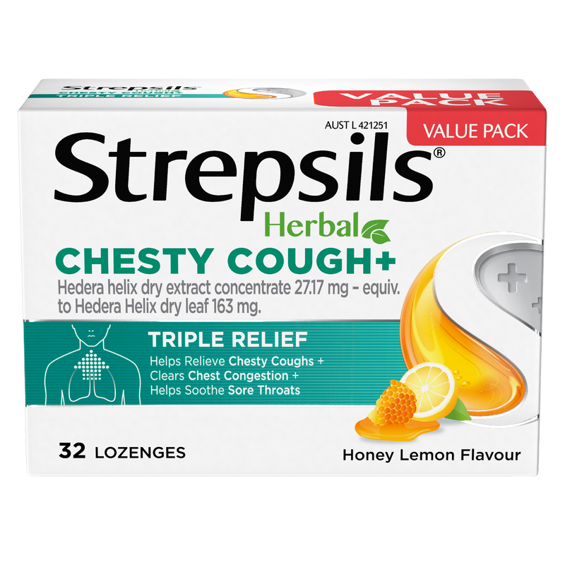 Strepsils Herbal Chesty Cough+ Triple Relief Honey Lemon 32 Lozenges