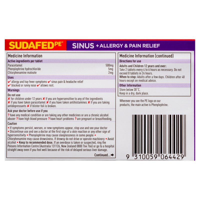 Sudafed PE Sinus + Allergy & Pain Relief Tablets  48 Pack