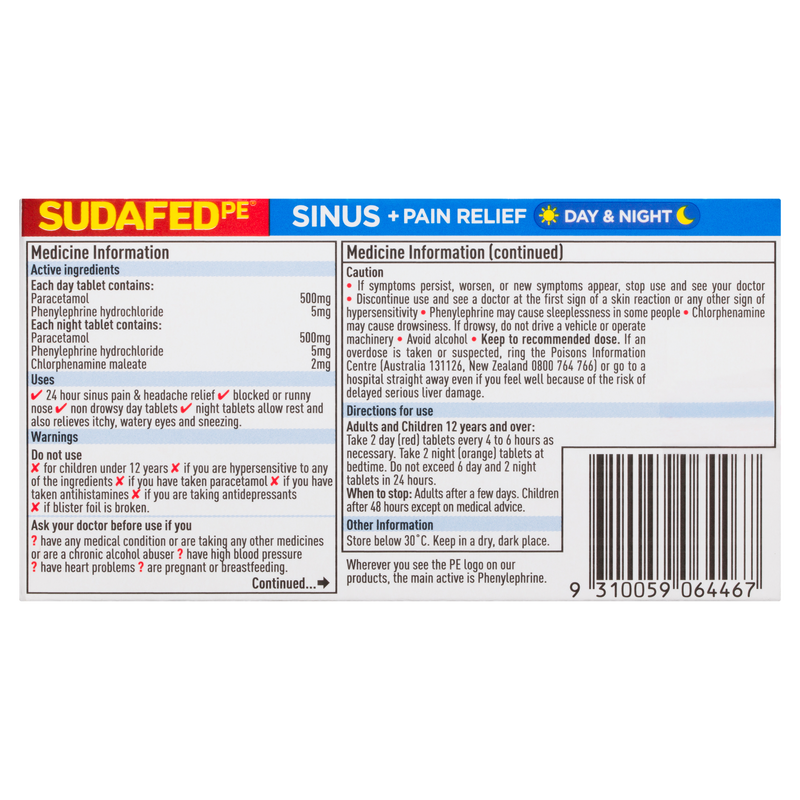 Sudafed PE Sinus + Pain Relief Day & Night Tablets 48 Pack