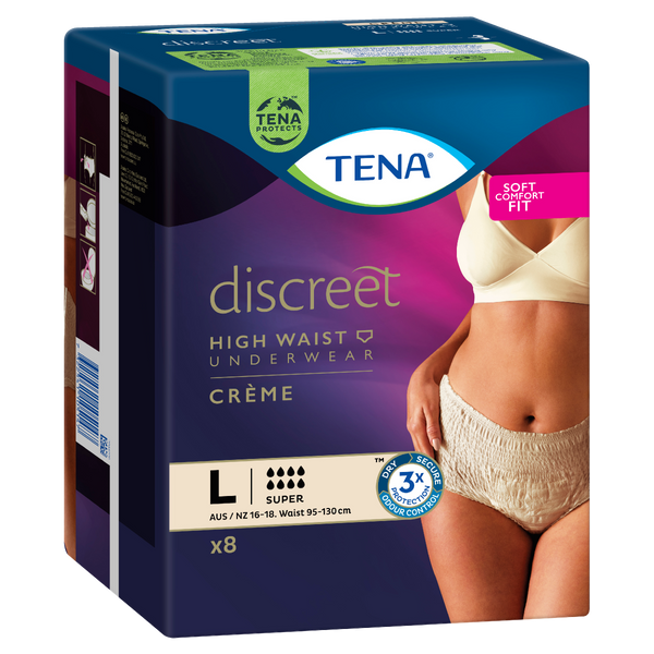 TENA Discreet Women's High Waist Underwear Creme Large (L) 8 Pack