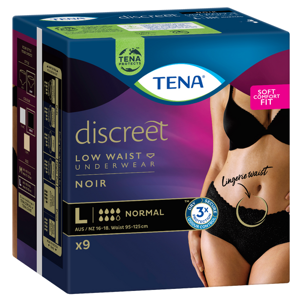 TENA Discreet Women's Lingerie Waist Underwear Black Large (L) 9 Pack