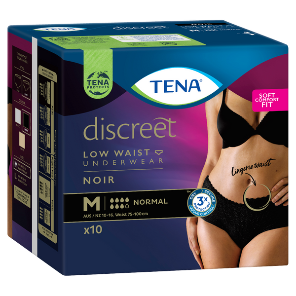 TENA Discreet Women's Lingerie Waist Underwear Black Medium 10 Pack