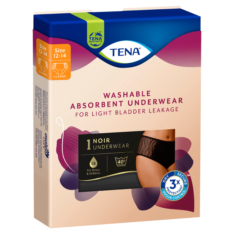 TENA Women's Washable Absorbent Underwear Classic Black Size 12-14 (M) 1 Pack