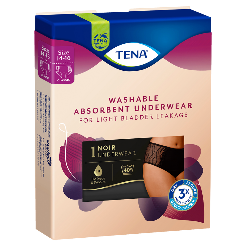TENA Women's Washable Absorbent Underwear Classic Black Size 14-16 (L) 1 Pack